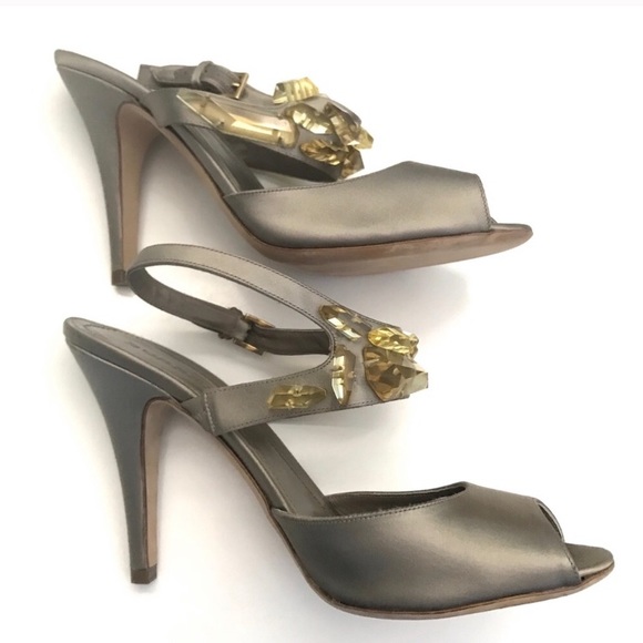 Burberry Citrine Crystal Satin Peep Toe Heels 41 - Picture 3 of 16
